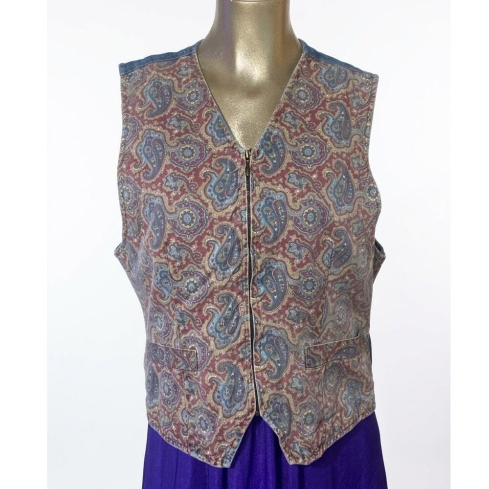 Vintage LizWear Women Medium Denim Vest Top Full Zip Paisley Print Boho